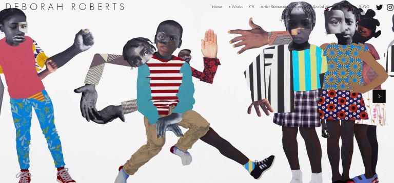 A screen shot of Deborah Roberts website with collages depicting black children with colourful clothing